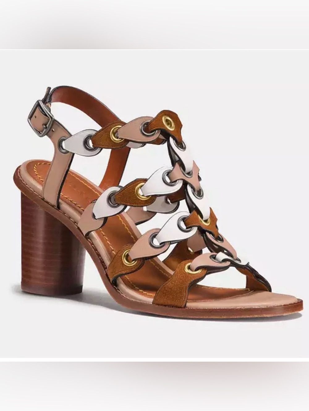 COACH - Women's Leather Link 3.5" Sandals with Grommets, Brown, Tan, Chalk, 10